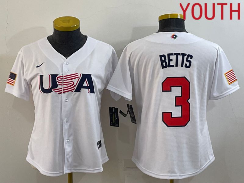 Youth 2023 World Cub USA #3 Betts White MLB Jersey6